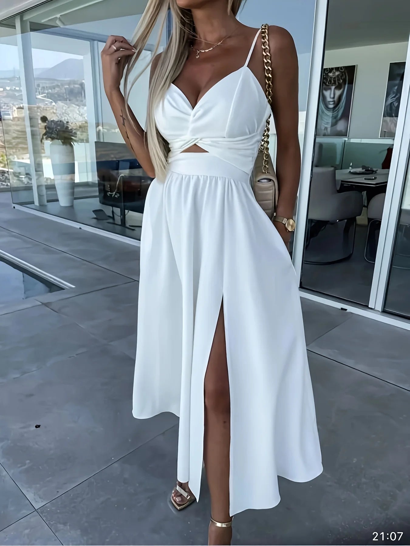 Women's Clothing New Style Solid White Deep V Large Hem Skirt Slit Fashion Sexy Spaghetti Strap High Waist Formal Dress