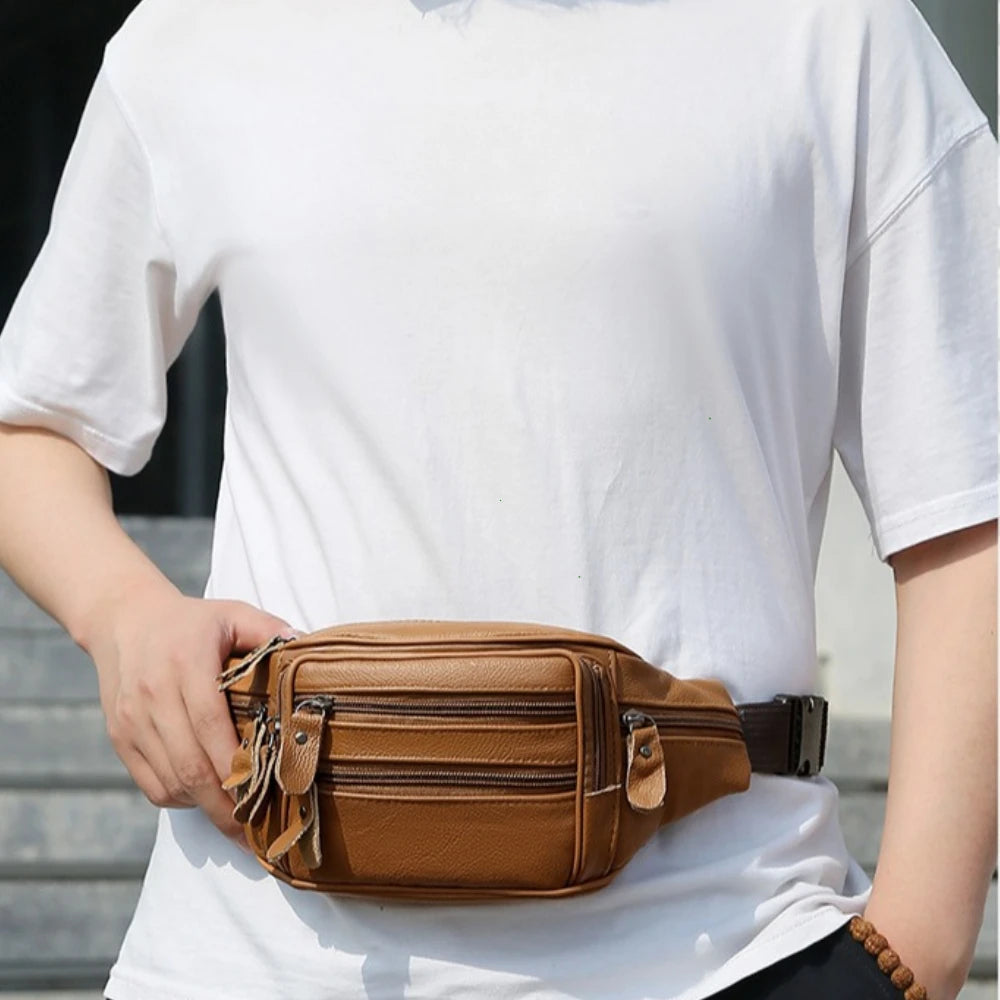 Large Capacity Waterproof PU Leather Men's Waist Bag Male Zipper Site Workers Travel Phone Bag Fanny Pack Men