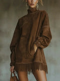 Woman Clothes Elegant Party Dresses Suede Fashion Long Sleeve high collar fringe Skirt Dress Woman Mini Dresses Female clothing