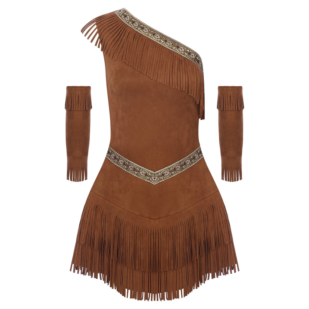 Womens Indian Native Cosplay Costume Halloween Cosplay Party Dress One Shoulder Sleeveless Fringe Dress Up with Tassel Sleeves