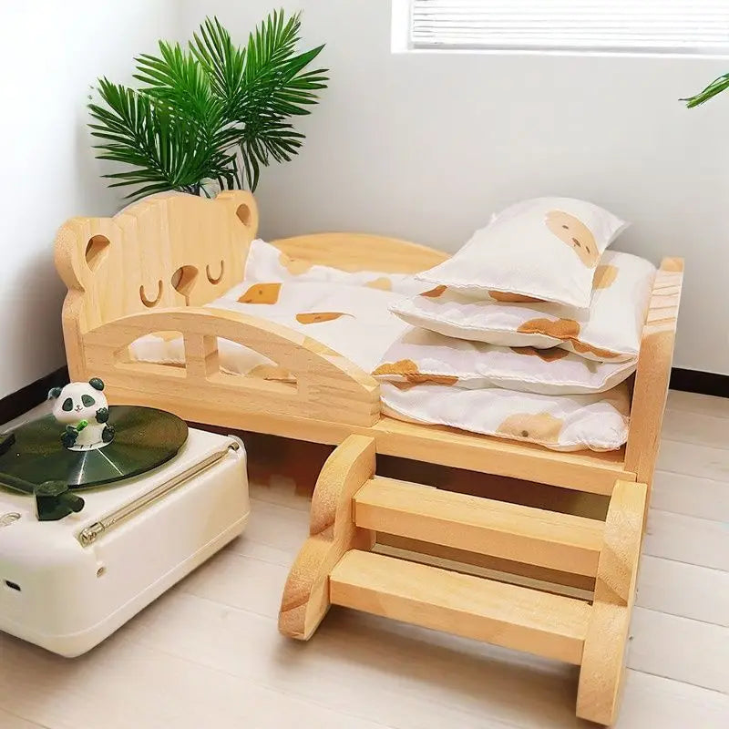 for Labubu Cotton Doll Bed 30cm Princess Style Furniture Set for Imaginary Play Baby Doll Bedding Two-Piece Wooden Baby Bed Toy