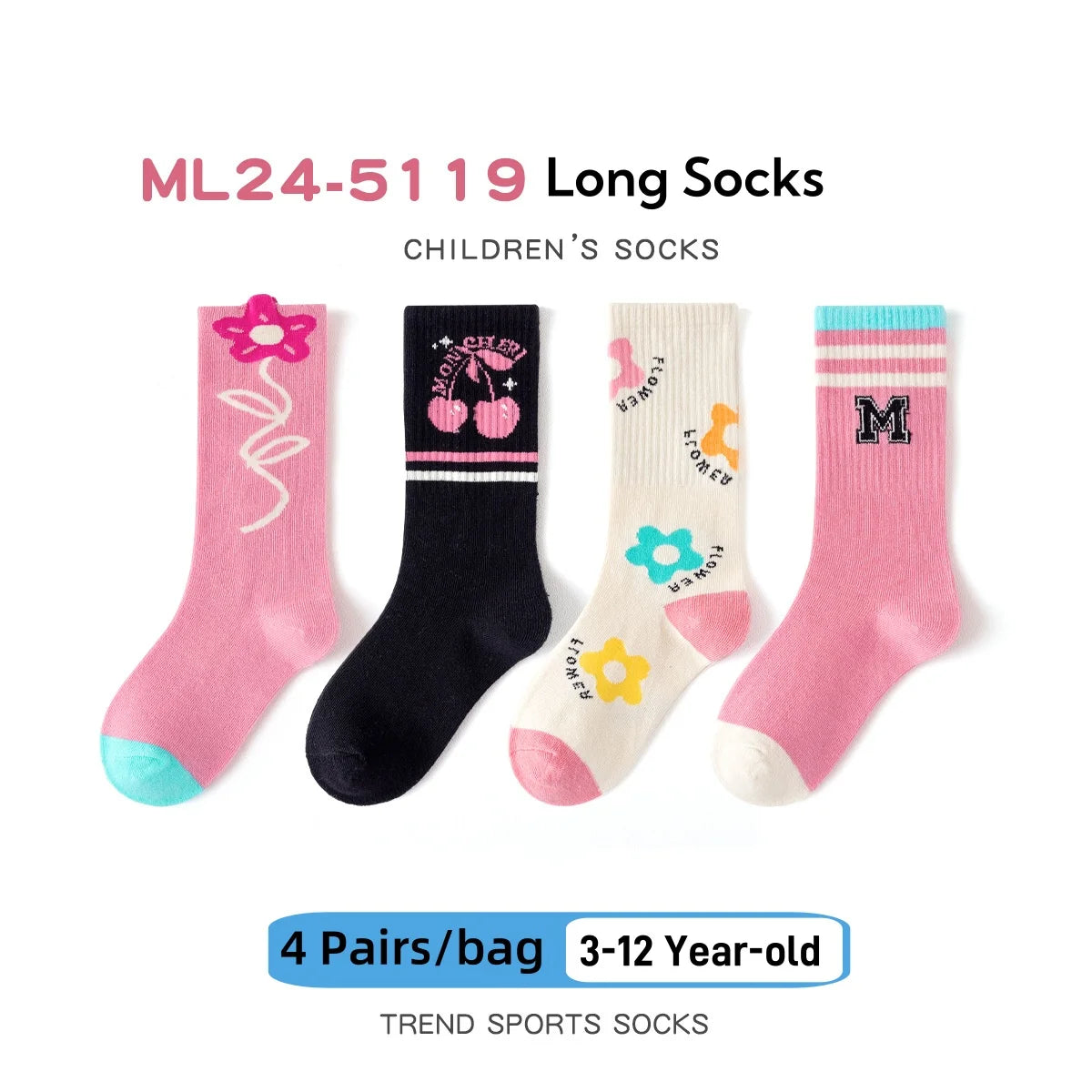 4 Pairs Long Socks Children's Newest Tennis Socks Knee Socks Cotton Striped Sporty Socks Boys Girls Skating Athletic Socks