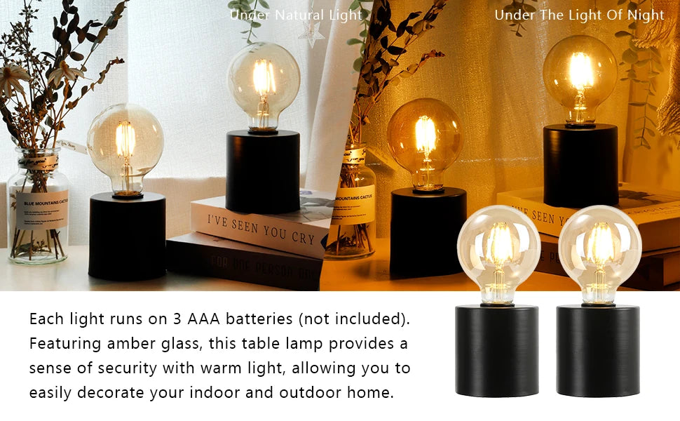 2Pcs Black Battery Powered Table Lamp Wireless Lamps Cordless Light Bedside Lights Candle Holder for Bedroom Wedding Home Decor