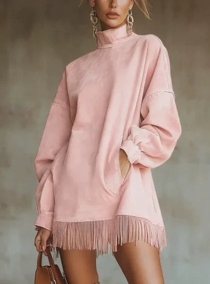 Woman Clothes Elegant Party Dresses Suede Fashion Long Sleeve high collar fringe Skirt Dress Woman Mini Dresses Female clothing