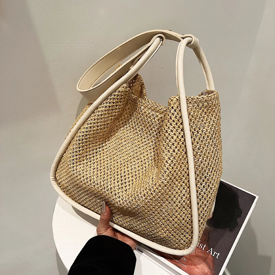 Summer Large Beach Bag Ladies Designer Tote Straw Woven Hollow Shoulder Out Soft Large Capacity Vacation Shopping Handbag Purse