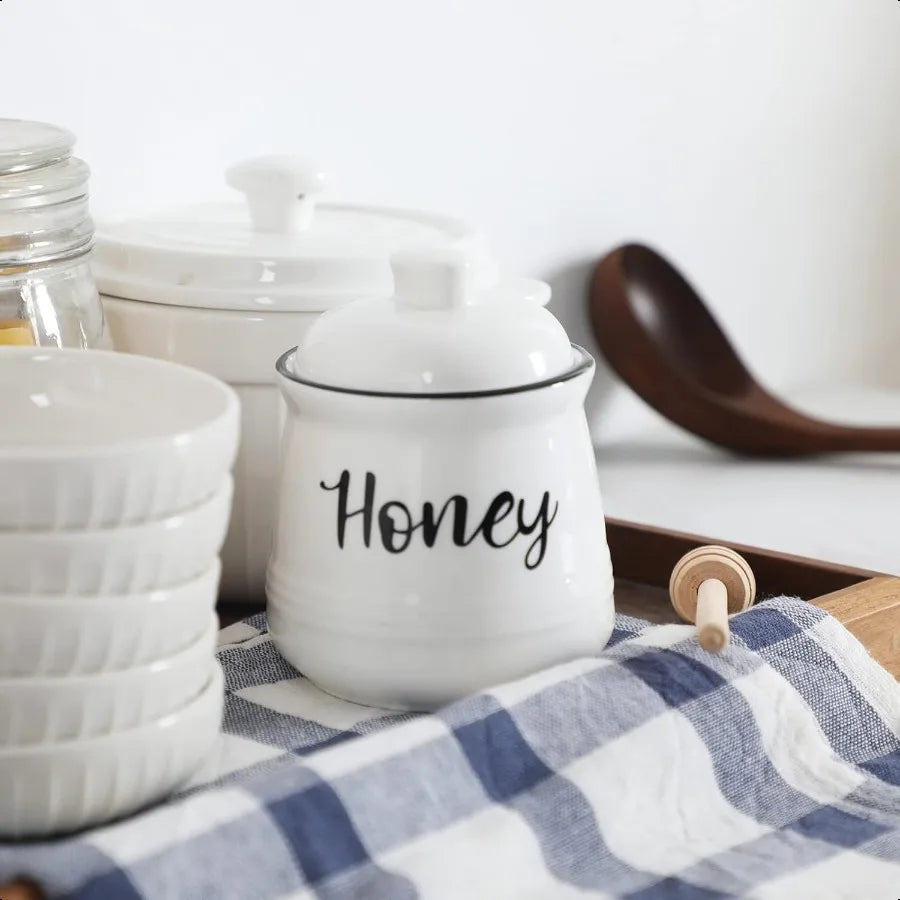 Farmhouse Porcelain Honey Jar with Dipper and Lid Set 12ozEasy to Clean White