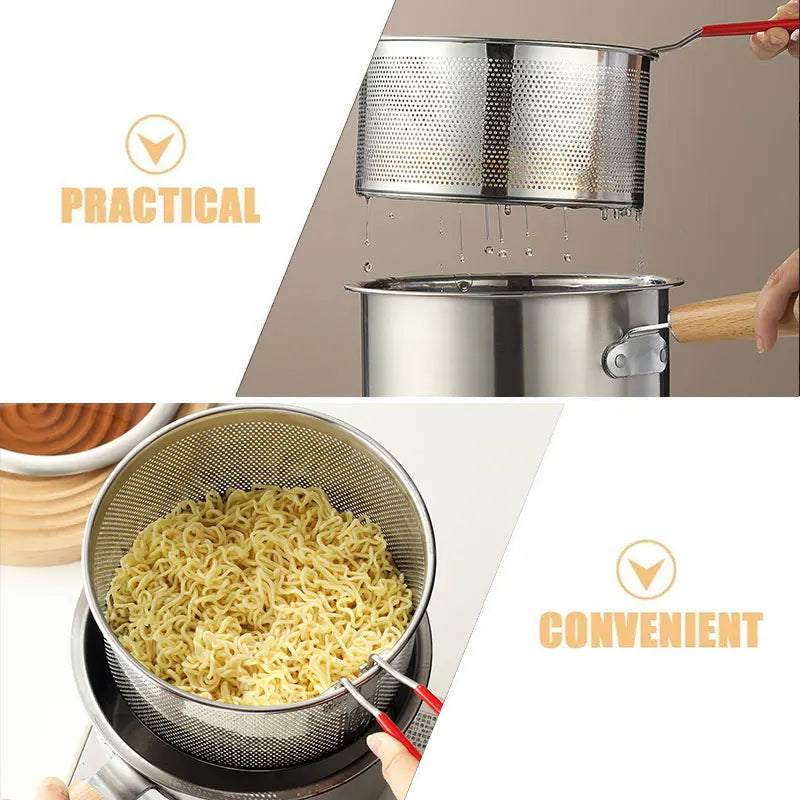 20cm Stainless Steel Deep Fryer Pot with Strainer Basket Wood Handle Mini Saucepan Soup Pot Milk Pan Cooking Pot Induction Safe