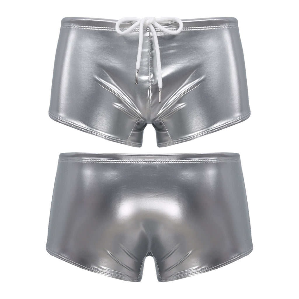 Men Swimming Trunks Wet Look Patent Leather Shorts Short Pants Low Rise Drawstring Boxer Shorts Beach Swimwear Party Clubwear