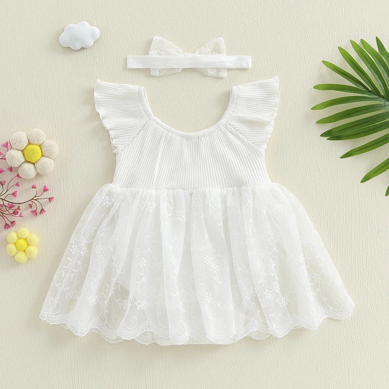 Toddler Girls Floral Print Sleeveless Romper Dress with Matching Headband Set for Summer Beach Outings and Parties