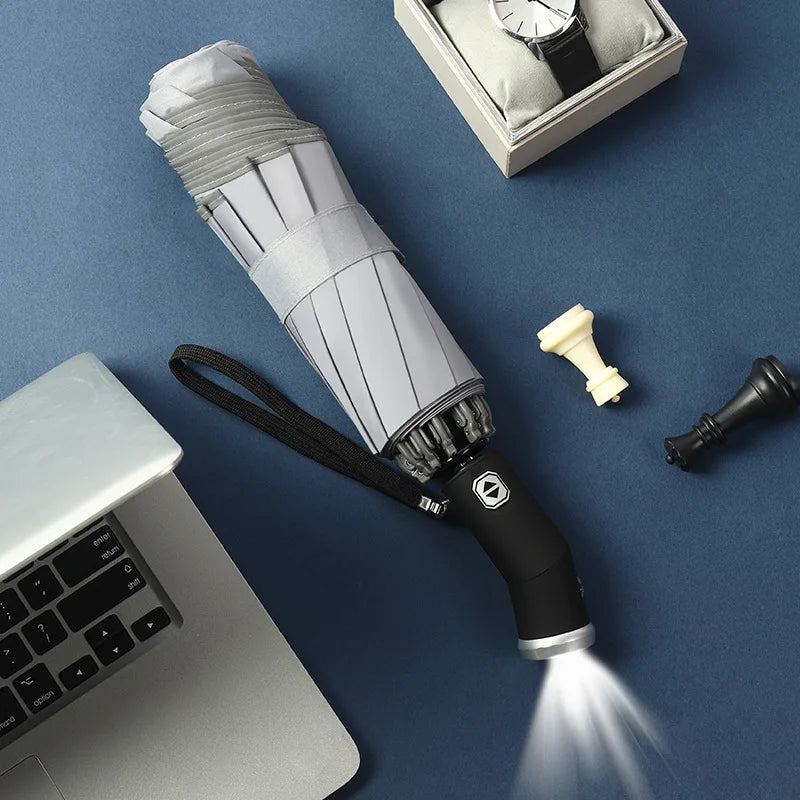 Windproof Automatic Umbrella With LED Flashlight Reflective Stripe Reverse Light Umbrellas Rain Men Women Large Folding Parasol