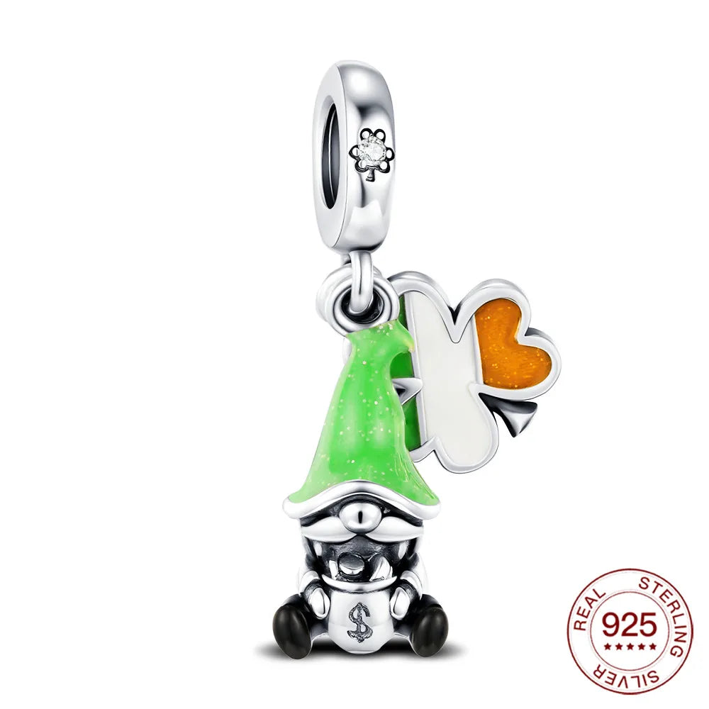 Saint Patrick's Day 925 Sterling Silver Green Hat Elf Dwarf Pendant Fit Women Bracelet DIY Fine Jewelry Valentine's Day Gift