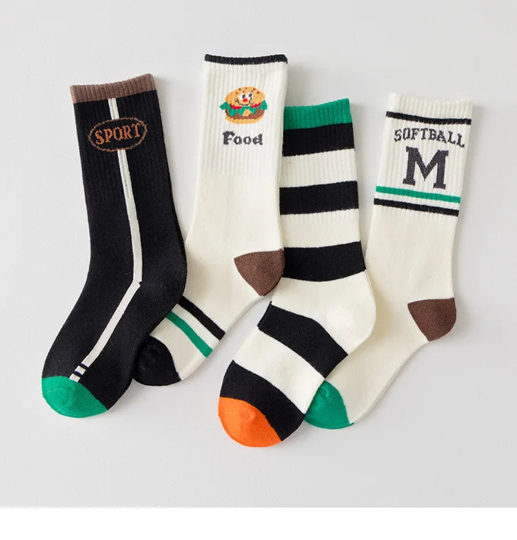 4 Pairs Long Socks Children's Newest Tennis Socks Knee Socks Cotton Striped Sporty Socks Boys Girls Skating Athletic Socks