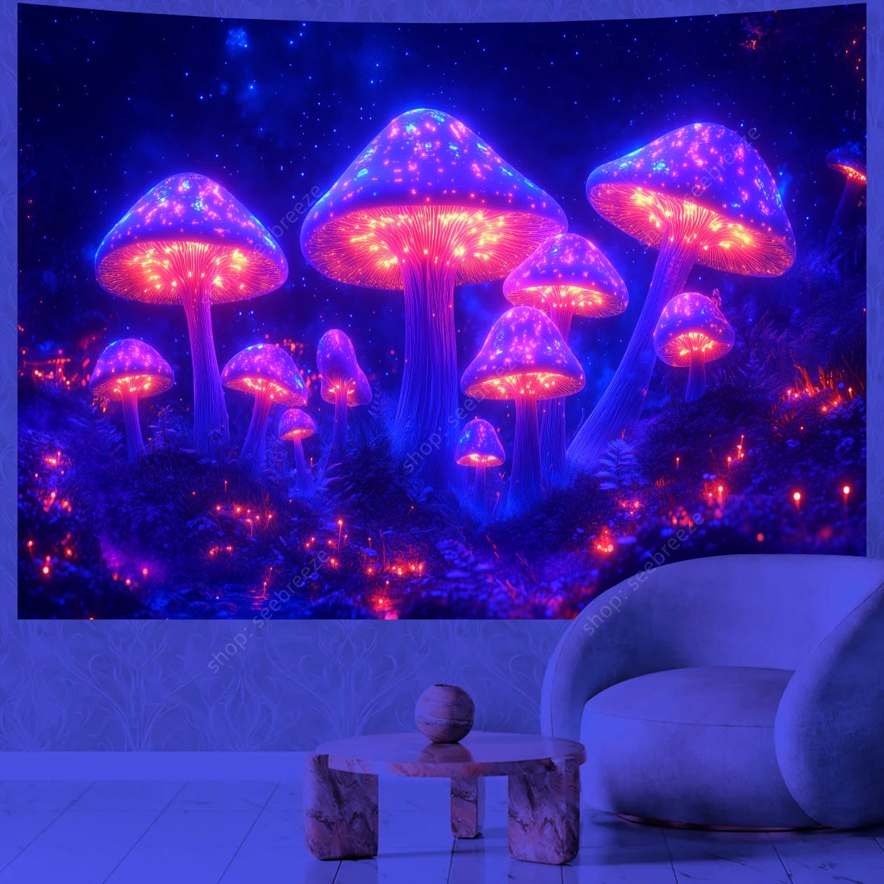 Fantasy Mushroom UV Reactive Tapestry Beautiful Floral Plant Tapestry Wall Hanging Gothic Home Wall Decor Room Decor Aesthetic