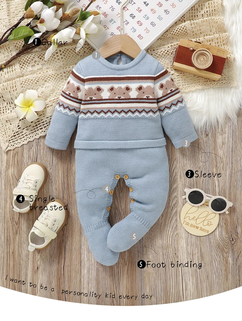 Baby Romper Knitted Toddler Kid Clothes 0-9M Infant Overalls Cute Bears Newborn Boys Girls Jumpsuit Long Sleeve Foot Wrap Autumn