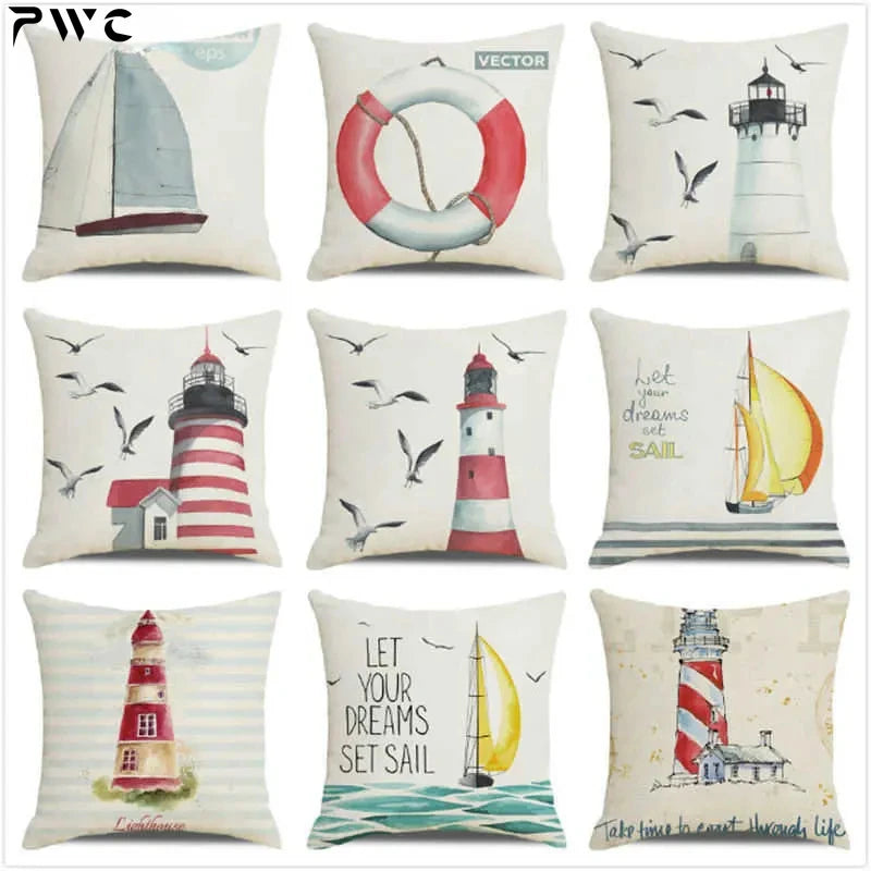 Throw Pillow Cover Watercolor Lighthouse Navigation Ocean Seagull Boat Home Sofa Cushion Cover Home Decor Pillowcase 40x40 Cm