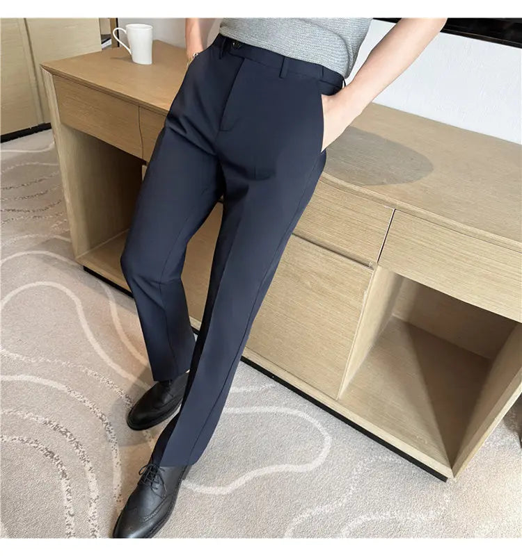 Men Suit Pant Elastic Waist Solid Slim Fit Dress Pants Light Thin Business Casual Office Social Trouser Oversized Men Clothing