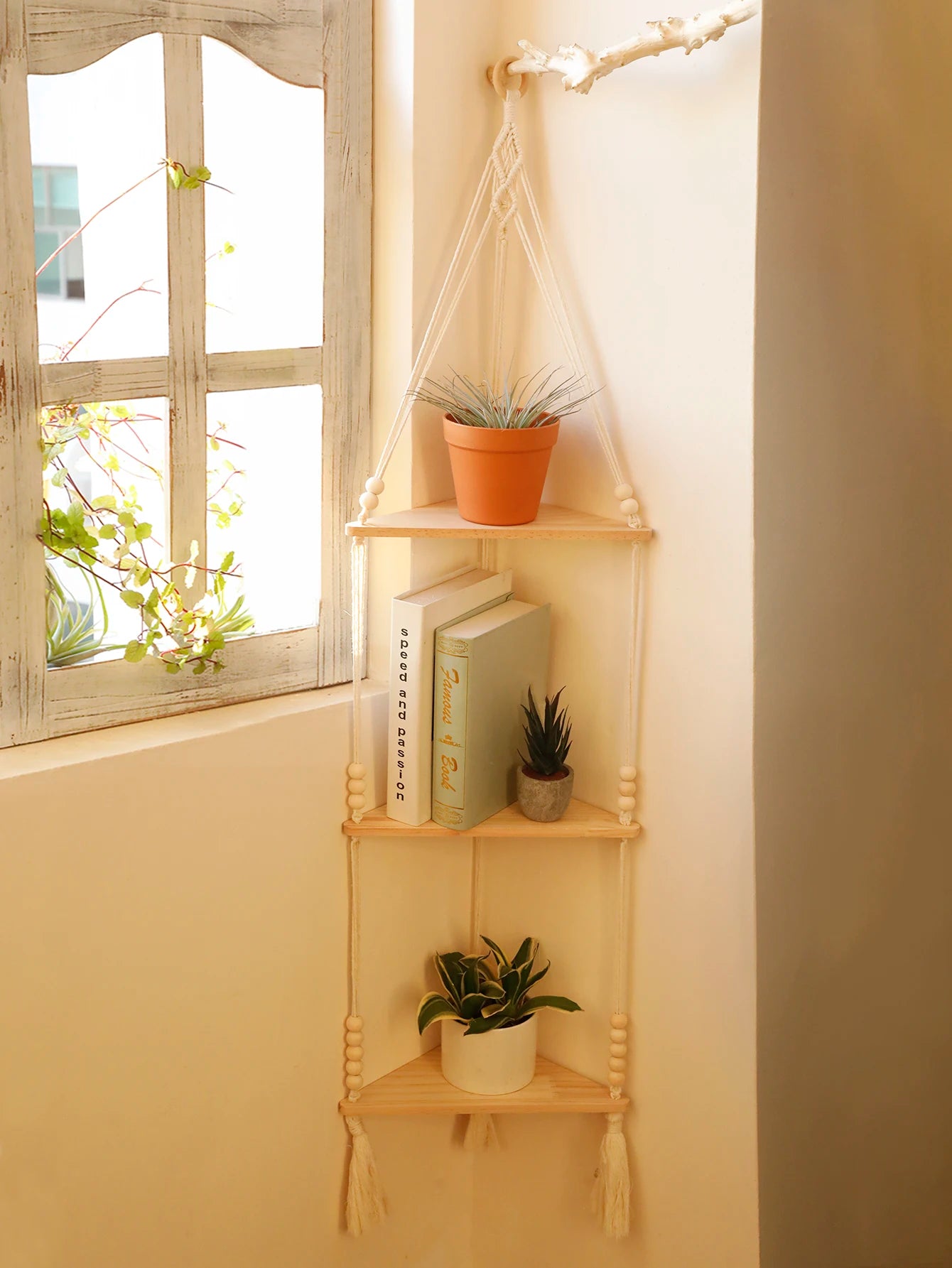 Macrame Hanging Shelf Boho Wall Hanging Handmade Rope Rustic Wood Floating Shelves Hanging Corner Wall Shelf Bedroom Decor Gifts
