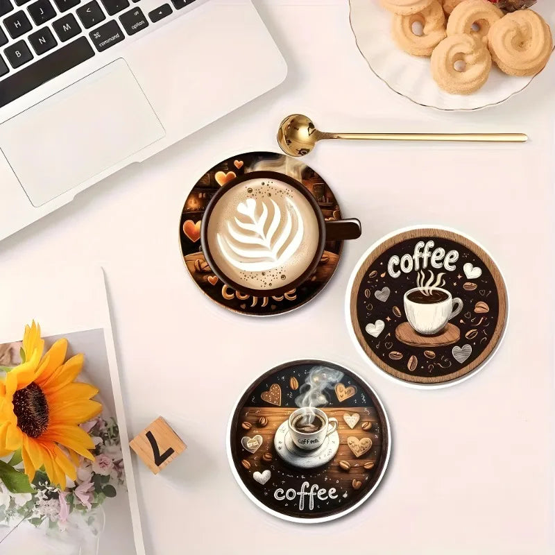 Coaster Set of 6 - Vintage Coffee Lovers Handcrafted Reclaimed Wood with Romantic Heart & Coffee Bean Art, Valentine's Day Gift