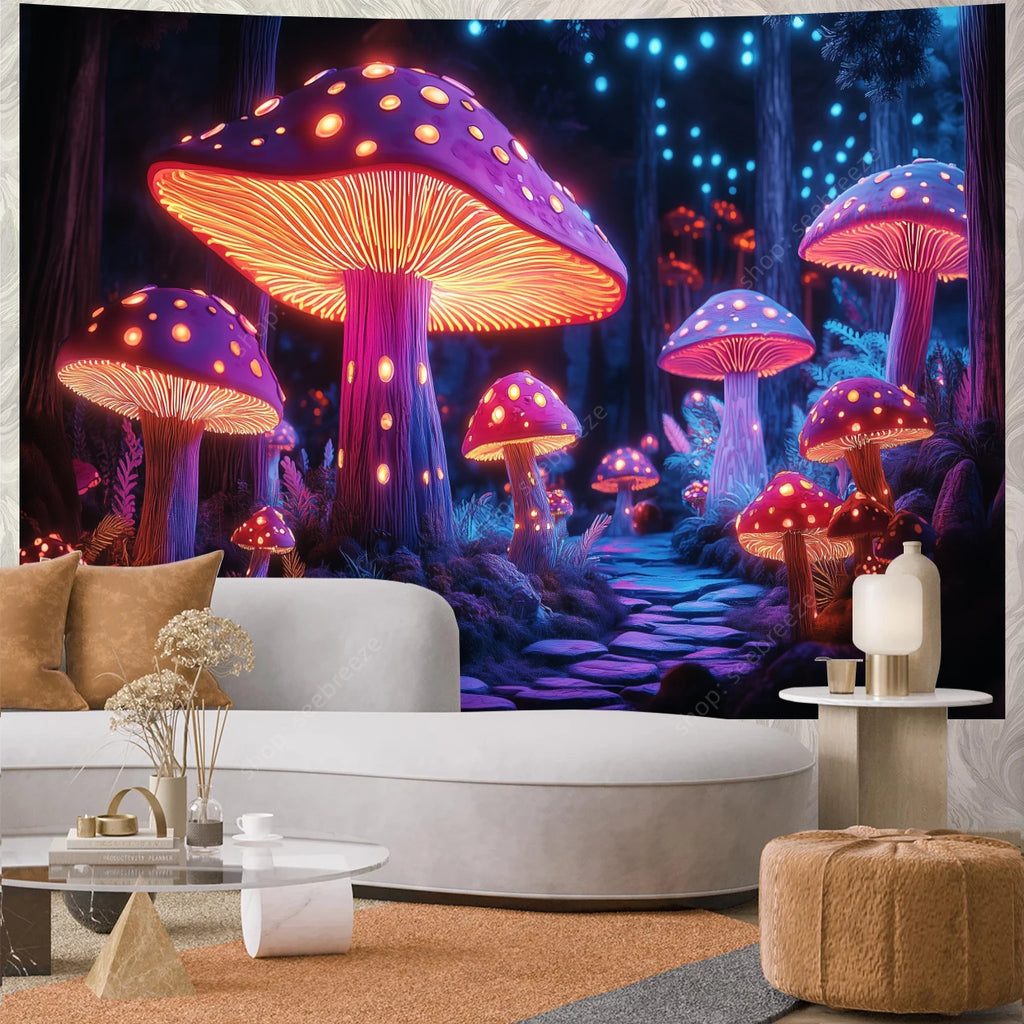 Fantasy Mushroom UV Reactive Tapestry Beautiful Floral Plant Tapestry Wall Hanging Gothic Home Wall Decor Room Decor Aesthetic