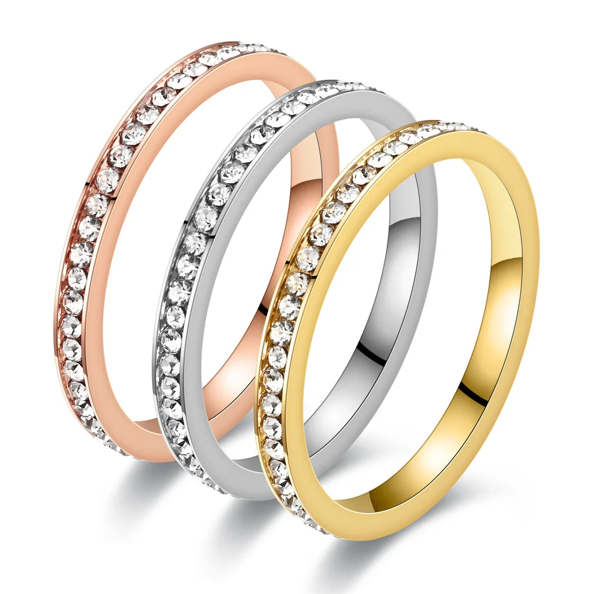 Unisex 2mm Luxury Stainless Steel Men Women Statement Cubic Zircon Rings Gold Silver Color US size 5 6 7 8 9 10 11 ﻿