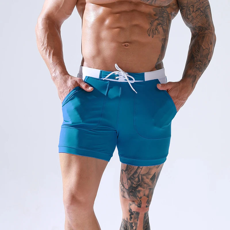 Men Stretch Swim Trunks Quick Dry Swimwear Swimsuits Beach Shorts with Pockets Surf Bathing Suit Water Sports Pants