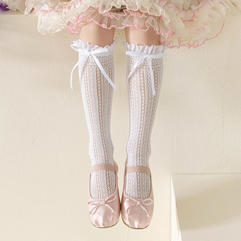 Girls Kids Geometric Retro Twists bowknot Long Kawaii Socks Princess Sweet Baby Over Knee High Sock Hollow mesh Lolita Stockings