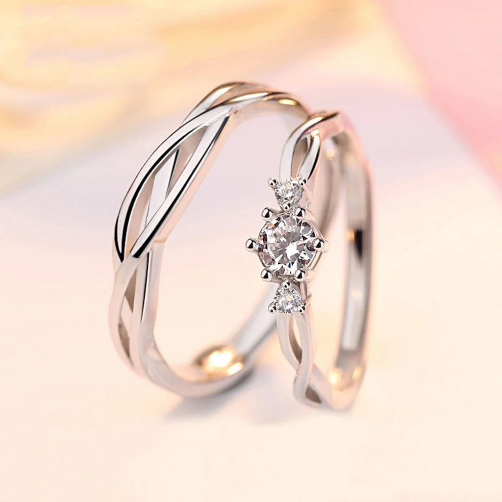 2Pcs/Set Minimalist Classic Twisted Weave Zircon Couple Rings For Women Men Trendy Romantic Geometric Ring Anniversary Jewelry