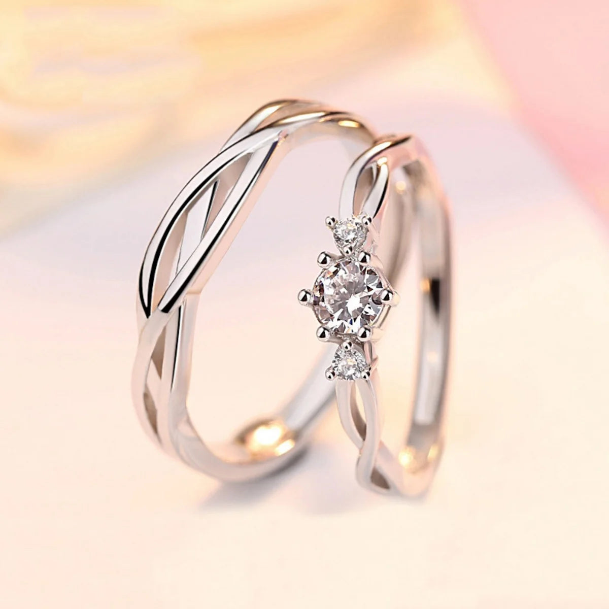 2Pcs/Set Minimalist Classic Twisted Weave Zircon Couple Rings For Women Men Trendy Romantic Geometric Ring Anniversary Jewelry
