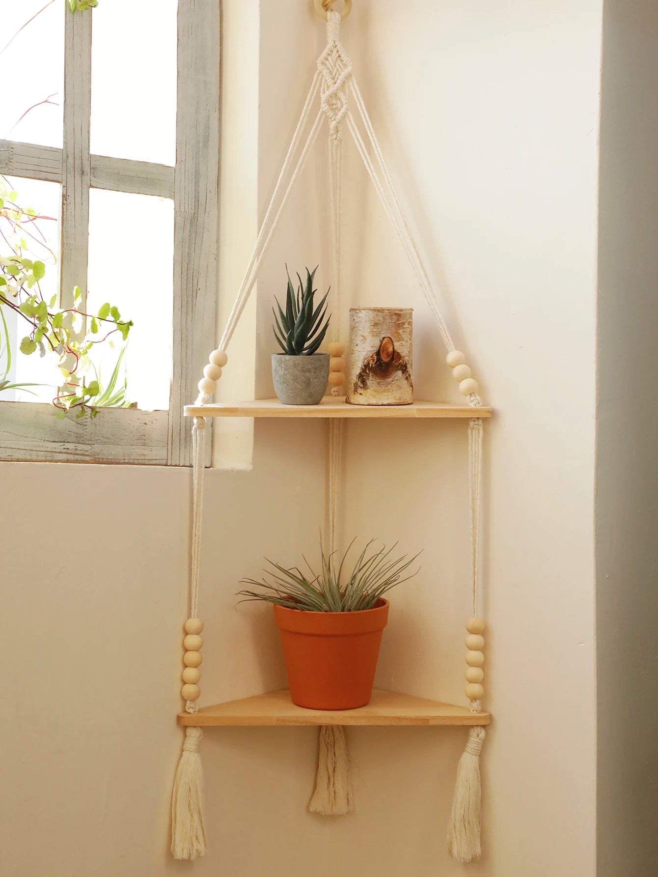 Macrame Hanging Shelf Boho Wall Hanging Handmade Rope Rustic Wood Floating Shelves Hanging Corner Wall Shelf Bedroom Decor Gifts