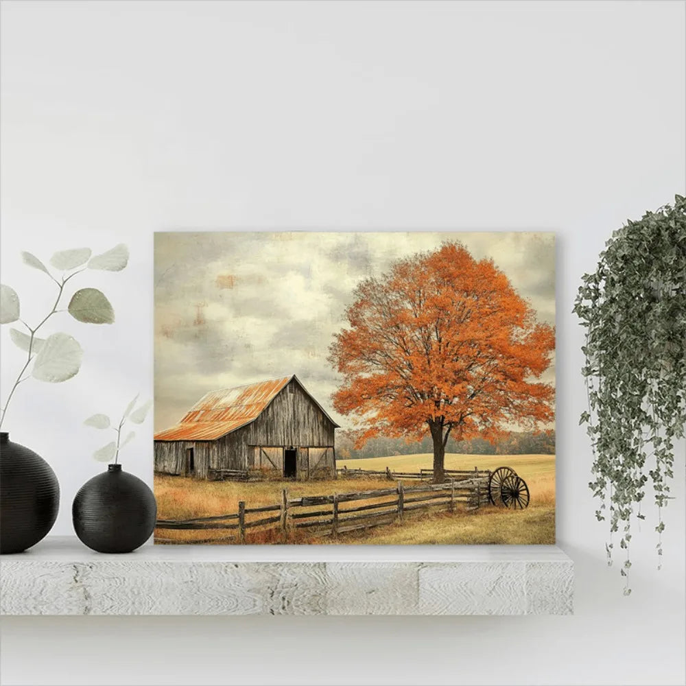 1.5 inch thick wood pine frame, interior Art Deco mural home decor mural, country farmhouse scene