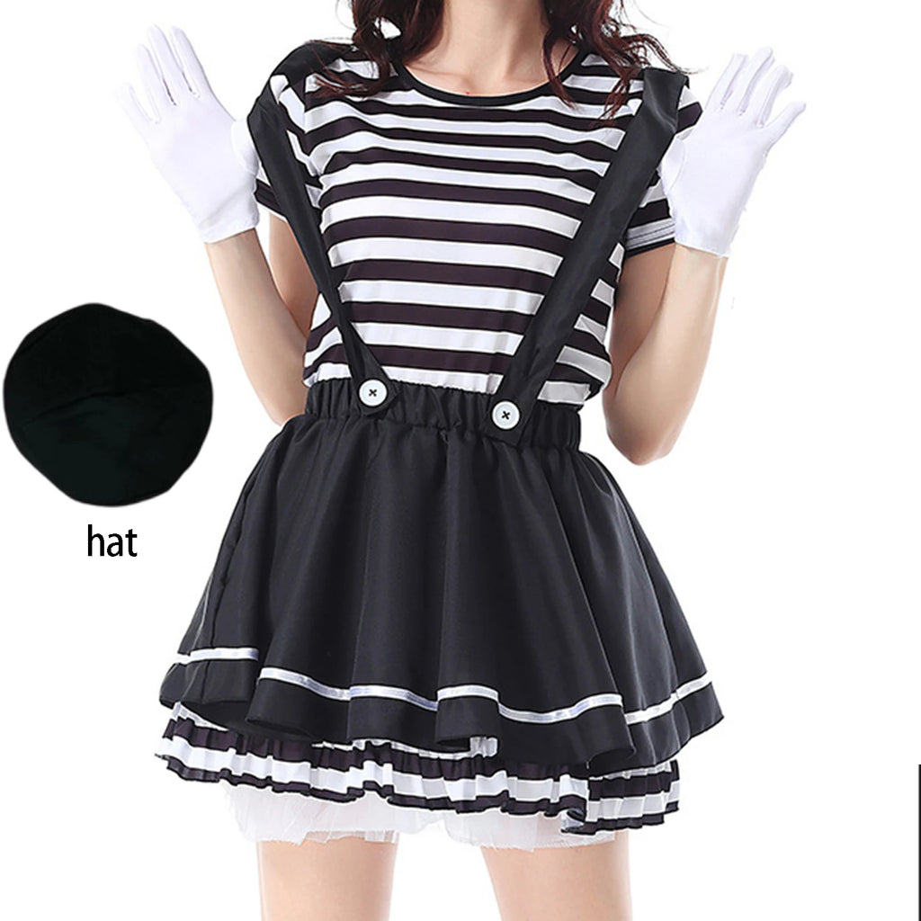 Women Clown Costumes Black White Striped Tops Suspender Skirt Gloves and Hat Set Halloween Cosplay Outfit