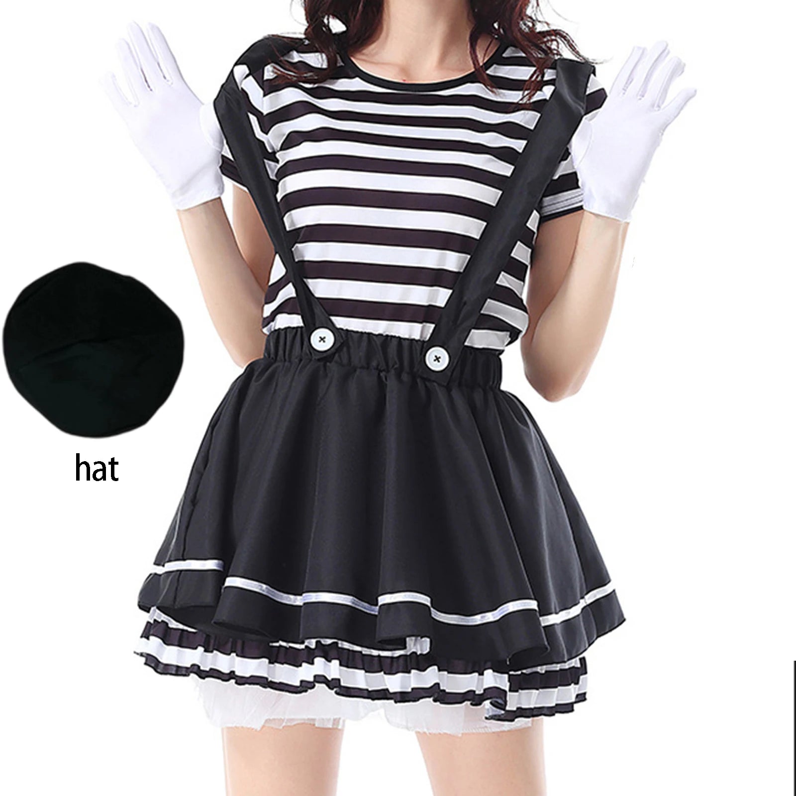 Women Clown Costumes Black White Striped Tops Suspender Skirt Gloves and Hat Set Halloween Cosplay Outfit