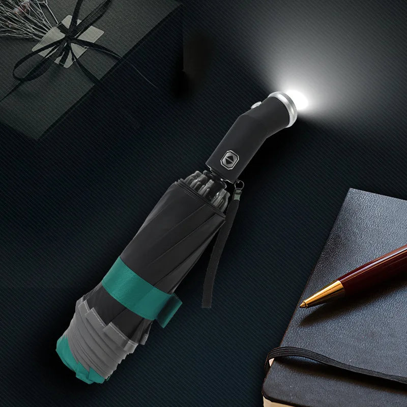 Windproof Automatic Umbrella With LED Flashlight Reflective Stripe Reverse Light Umbrellas Rain Men Women Large Folding Parasol