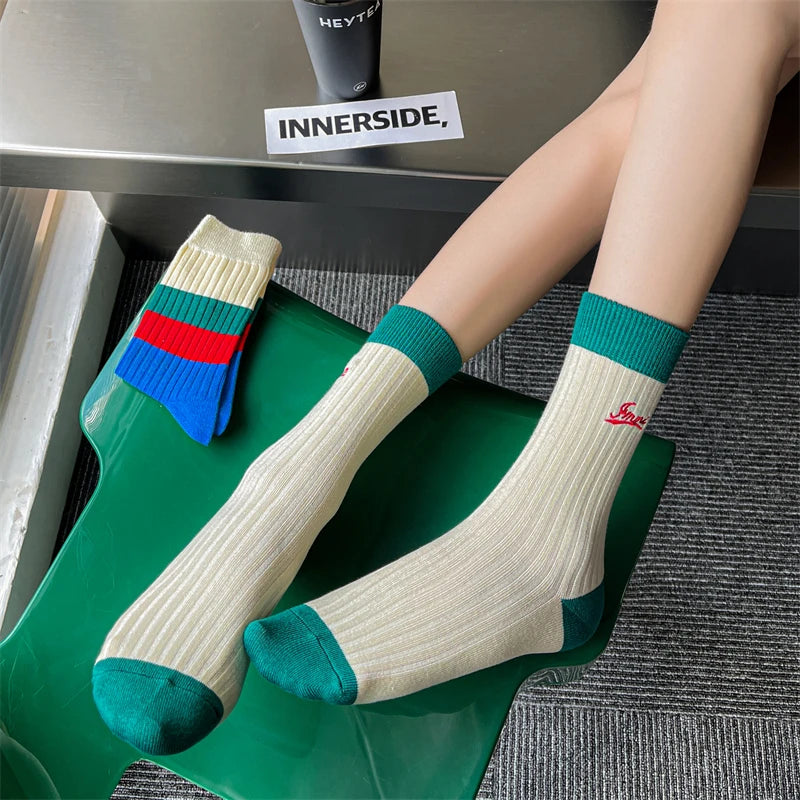 Socks For Women New Fashion Autumn Striped Cotton Long Socks Breathable Soft Korean Style Cute Embroidery Girls Casual Comfort