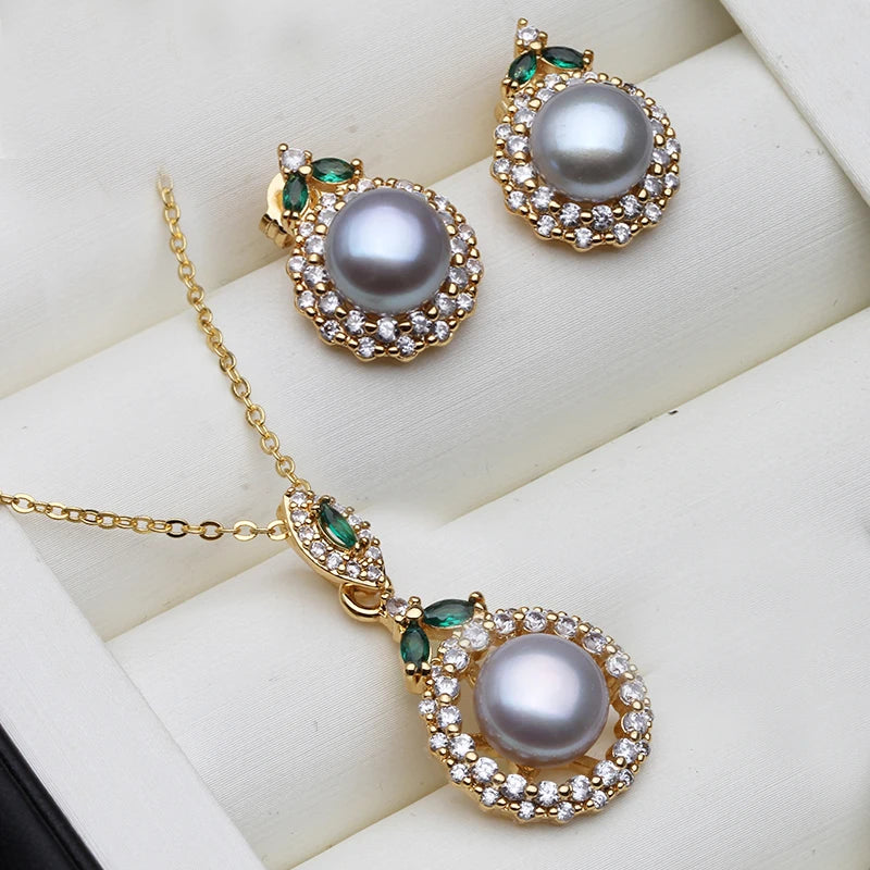 Wedding 18K Gold Plated Jewelry Set With Pearl Earrings And Necklace Wife Mother Anniversary Gift White Pink Black Gray