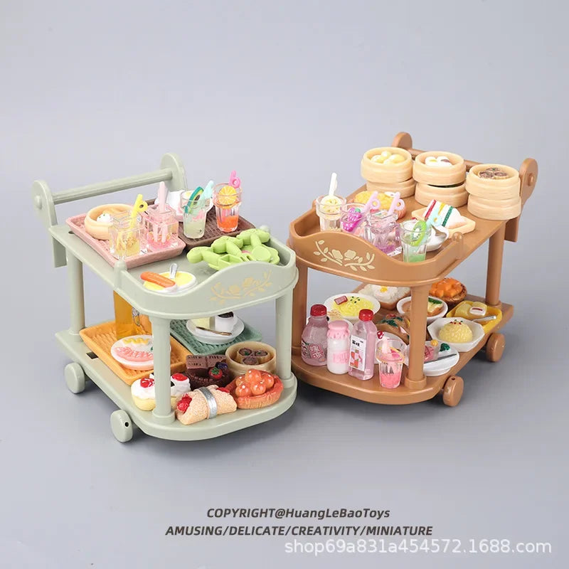 Dollhouse Food Carts Trolley with Mini Food 1set Dinnerware Drink Miniature House Toy Kitchen Scene Doll Accessories Home Decor