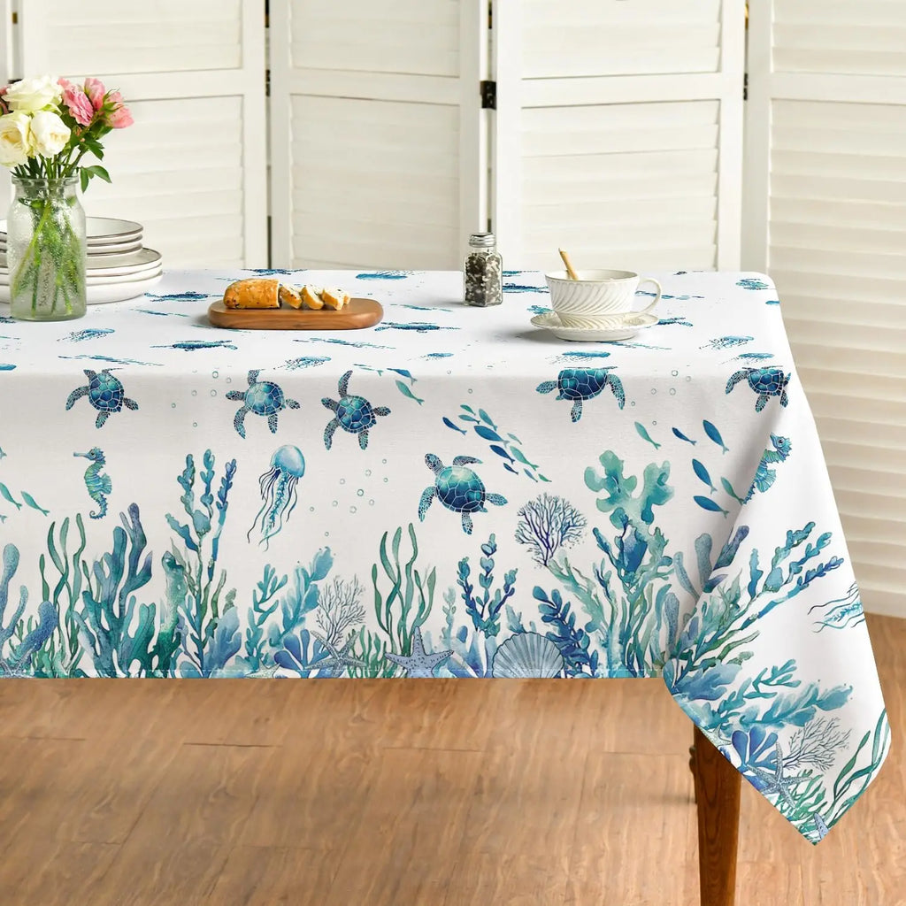 Blue Sea Turtle Seaweed Rectangle Waterproof Tablecloth Party Decor Washable Farmhouse Kitchen Dining Tablecloth Picnic Decor