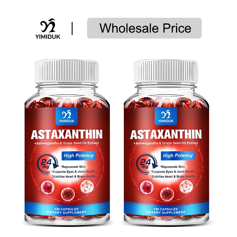 Astaxanthin 24 Mg Capsules, with Grape Seed Oil & Ashwagandha Root Extract, for Healthy Vision, Boosts lmmunity, Radiant Skin