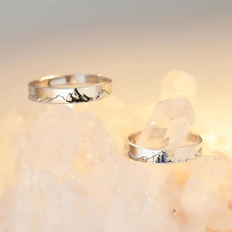 2 Pcs Couple Rings Mountains Seas Ring Jewelry Set Adjustable His Her Matching Ring for Lover