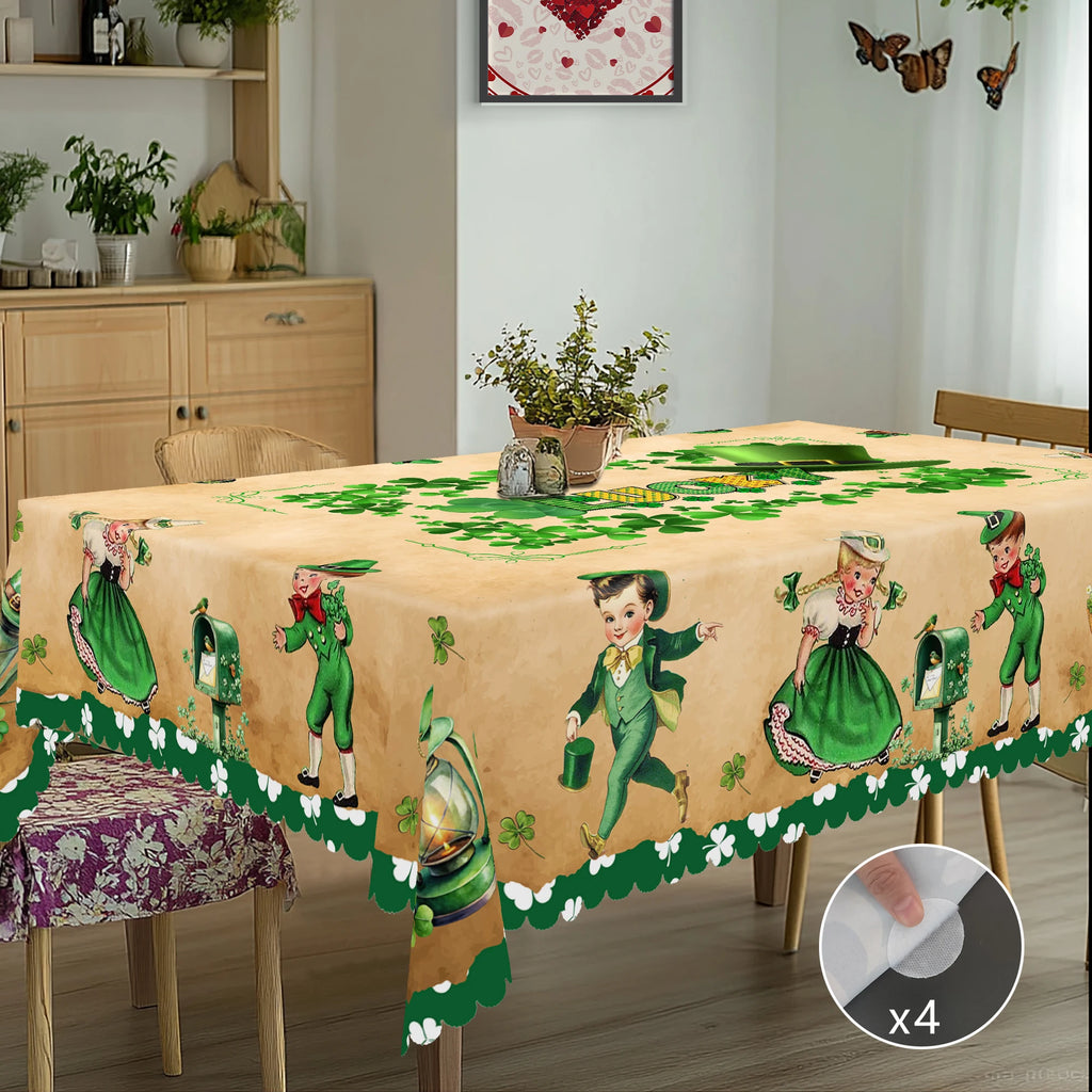 1 Piece of St. Patrick's Day Square Tablecloth, 5 Sizes Available, Dancing Irish Children's Printed Tablecloth, Green Lucky Four-Leaf Clover Round Tablecloth, Edge Embossing Process, Spring Garden Tablecloth Decoration, Table