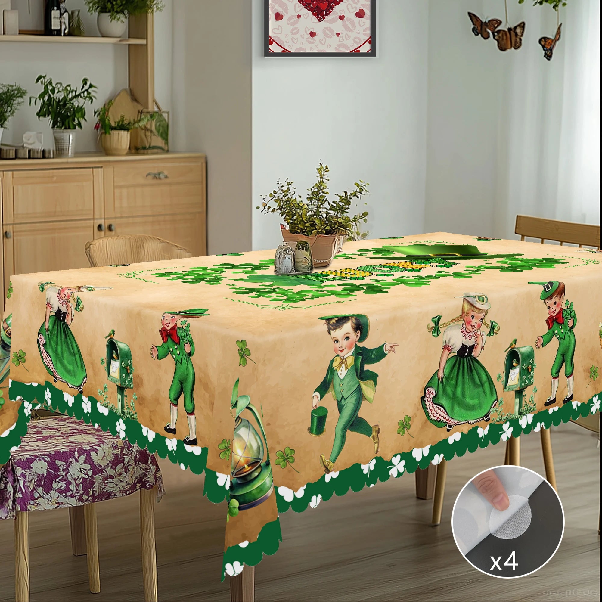 1 Piece of St. Patrick's Day Square Tablecloth, 5 Sizes Available, Dancing Irish Children's Printed Tablecloth, Green Lucky Four-Leaf Clover Round Tablecloth, Edge Embossing Process, Spring Garden Tablecloth Decoration, Table