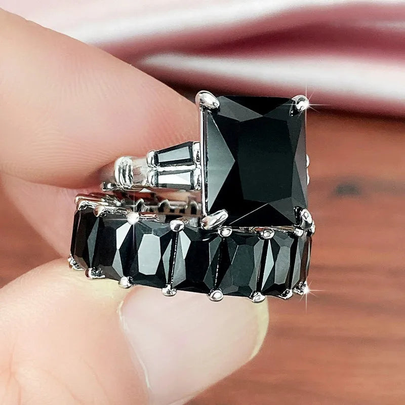 CAOSHI 2Pcs/Set Gorgeous Wedding Rings for Women Brilliant Cubic Zirconia Finger Jewelry for Anniversary Party Fashion Lady Gift