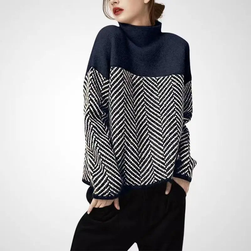 Women's Clothing Contrast Color High-neck Knitted Pullover Sweater for Women Autumn Winter Casual Temperament Loose Slimming Top