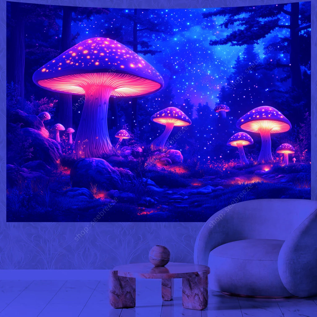Fantasy Mushroom UV Reactive Tapestry Beautiful Floral Plant Tapestry Wall Hanging Gothic Home Wall Decor Room Decor Aesthetic
