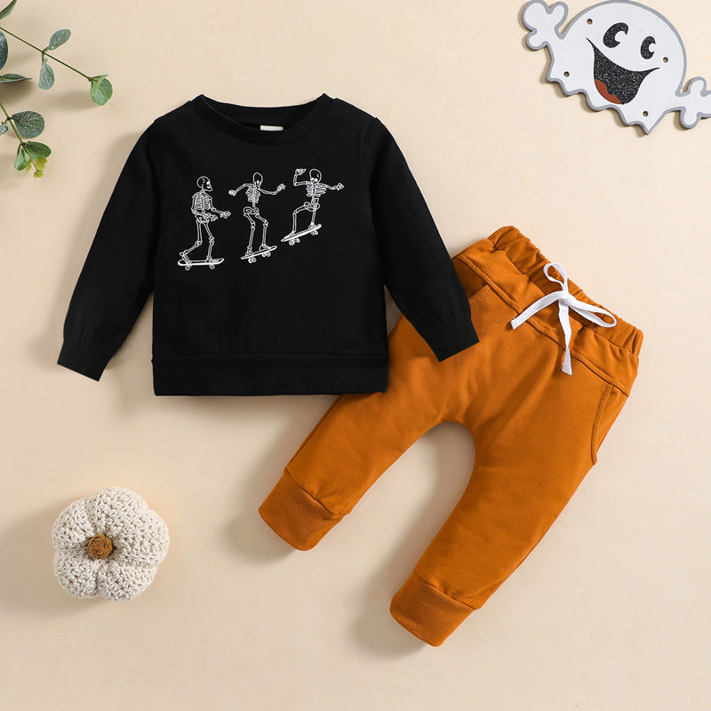Toddler Boys Halloween Outfit Short Sleeve Round Neck Pumpkin Spider Print Tee with Jogger Pants and Hat Set