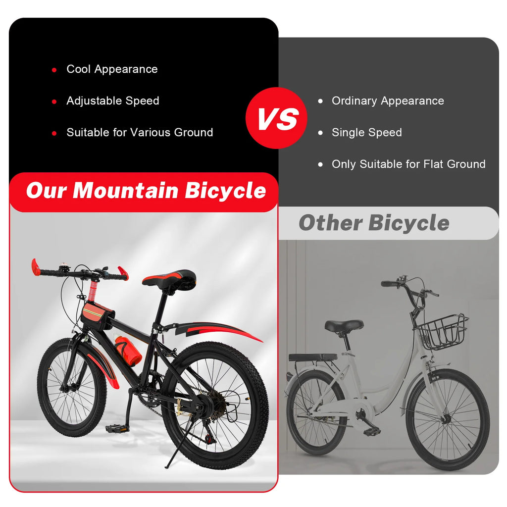 20" Mountain Bike 7 Speeds Kids Bicycle Dual-Disc Brakes Unisex Children's Bicycle Height Adjustable MTB Boys Girls Riding Bike
