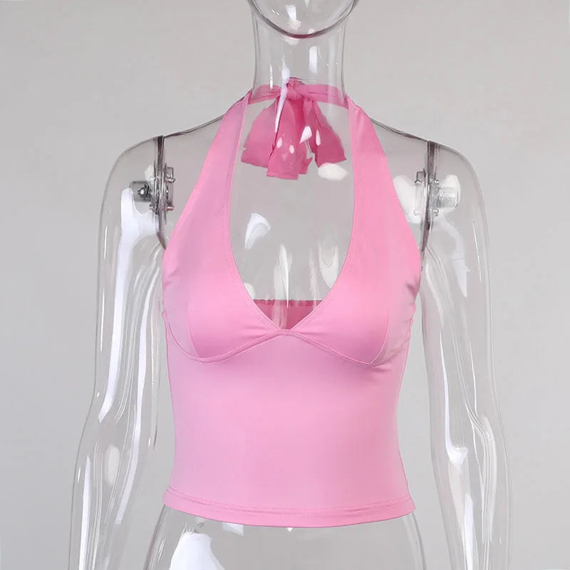 Summer Halter Camisole Tank Top Women V-Neck Sexy Tanks Camis Skinny Backless Pink Corset Tee Shirt Femme Tops WomanT-shirt