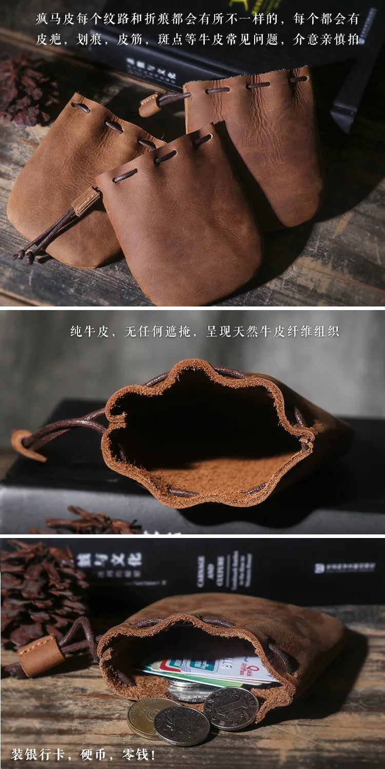 Drawstring Coin Storage Bag Handmade Genuine Leather Unisex Coin Purse Cow Leather Coins Money Pocket Retro Wallet Bags