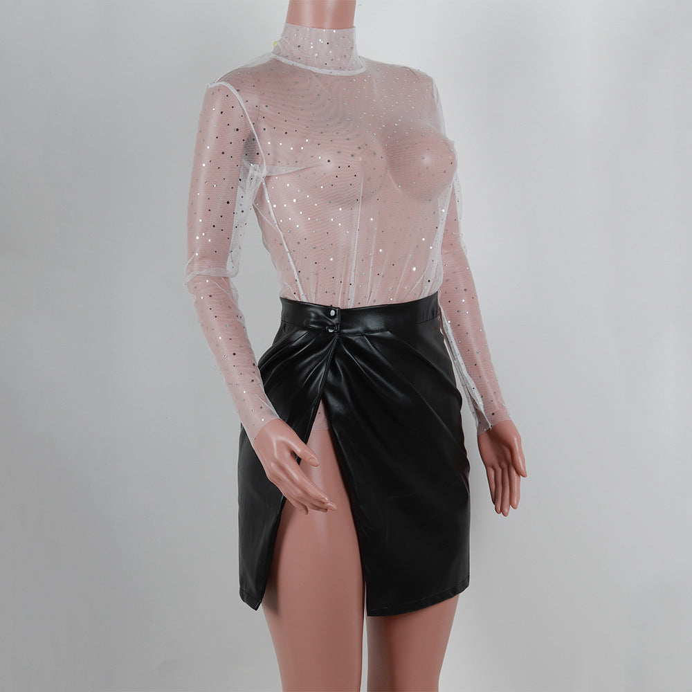 Summer Sexy Lace Mesh Sheer T Shirt Women Transparent Tops Turtleneck See Through Cover Up  Long Sleeve Shine Rhinestone Crops