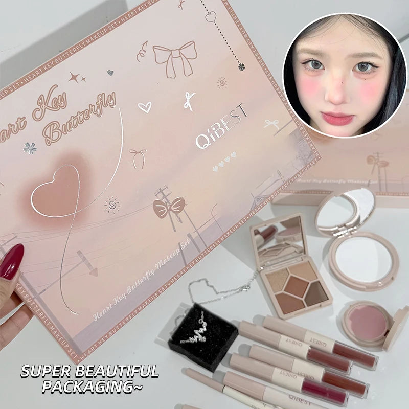 QIBEST Face Makeup Set 4pc Double End Lip Glaze, Pressed Powder,Blush,Eyeshadow, Eyebrow Pen,Eyeliner,Lip Oil Gift Cosmetics